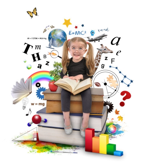 little girl learning a lot from the book, as shown through the clip arts of scattered letters, animals and other things in the background